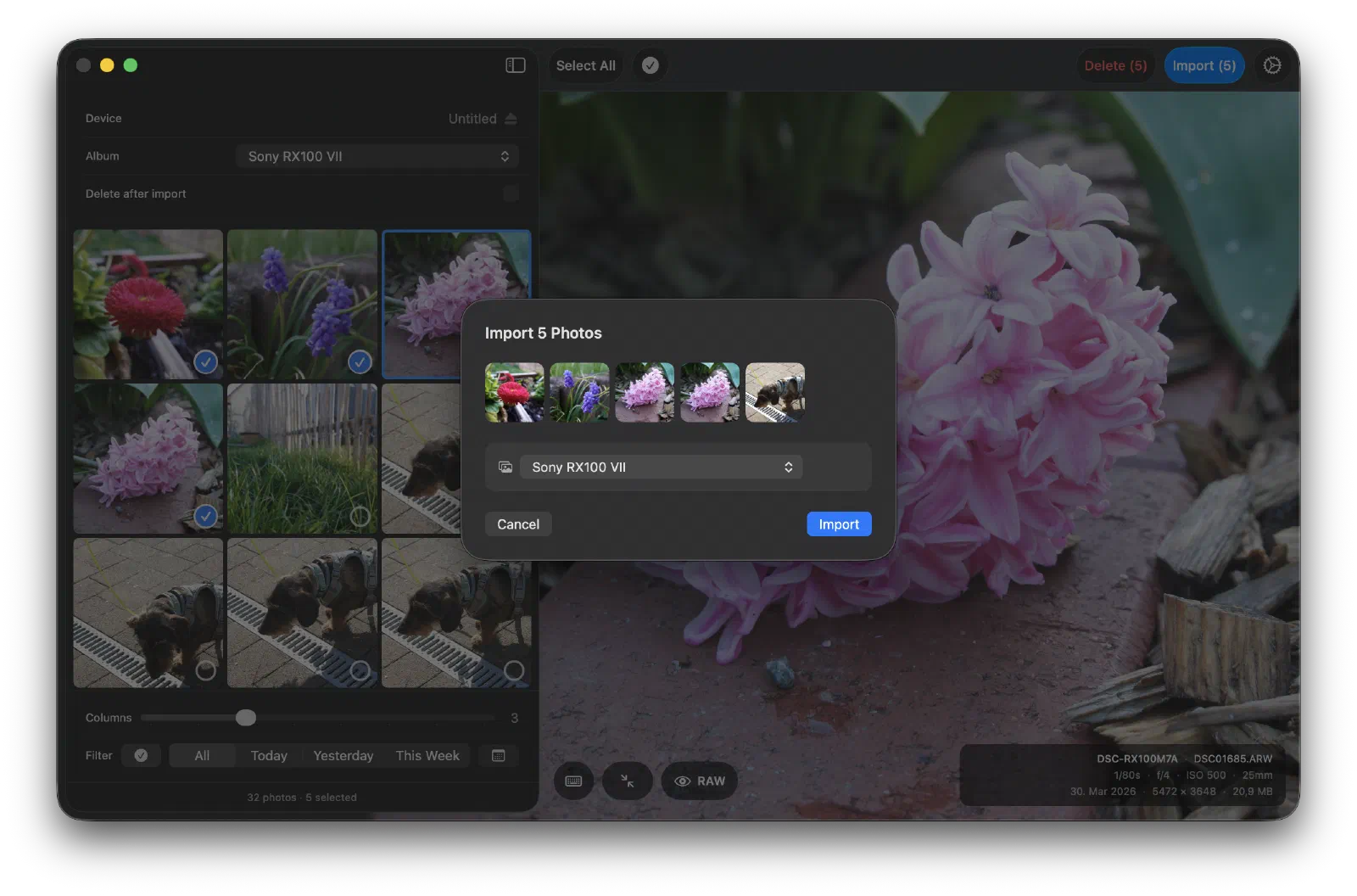 Hypo import dialog showing a thumbnail strip of selected photos