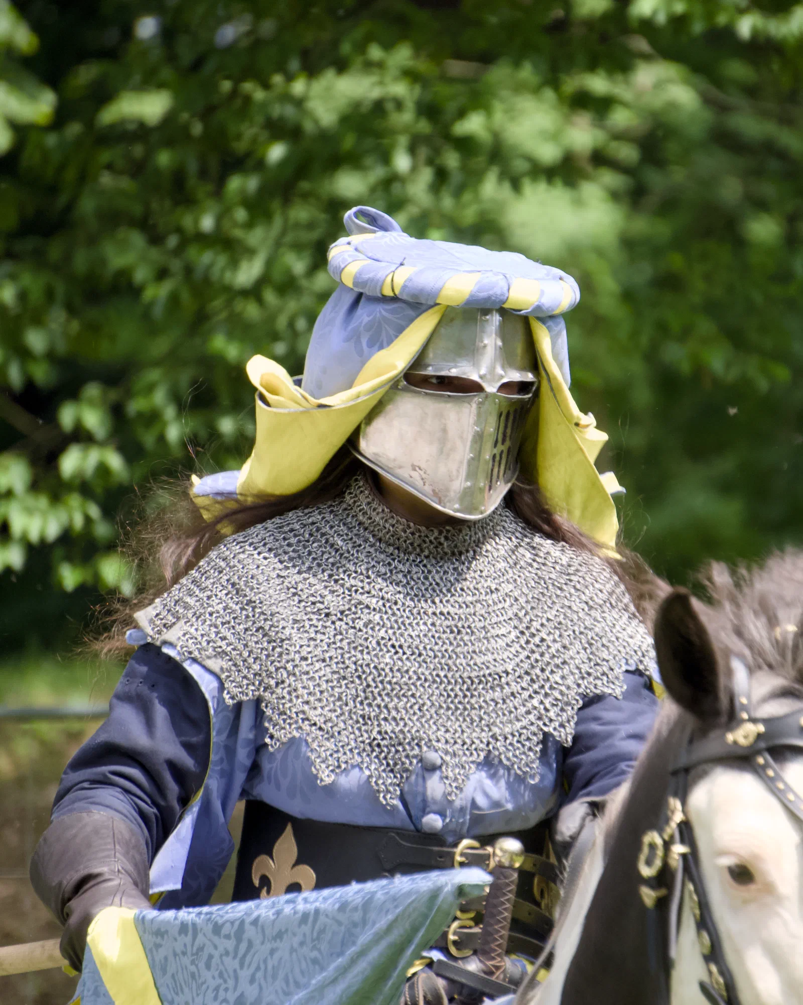 A mounted knight in a visored helmet and chainmail