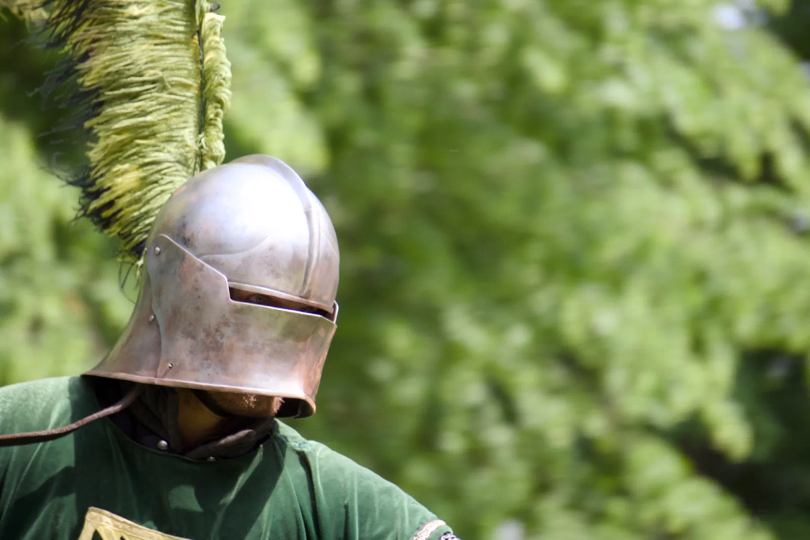 A steel helmet with a tall green plume