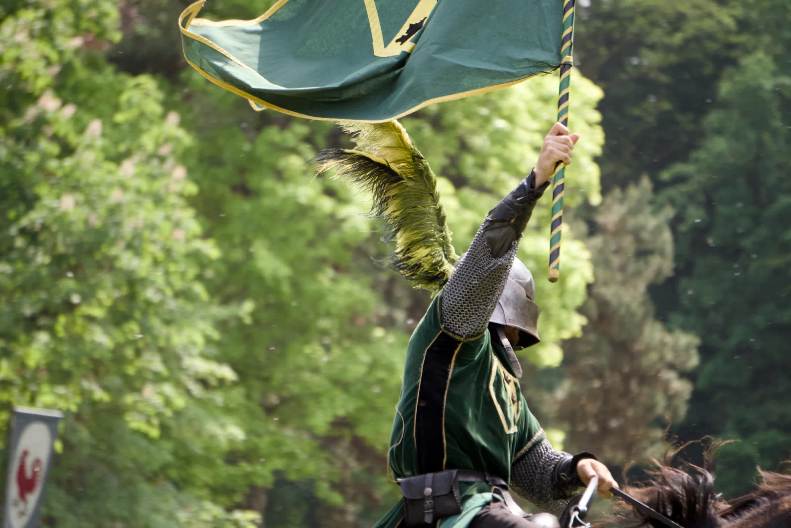 A mounted knight raising a green and yellow banner