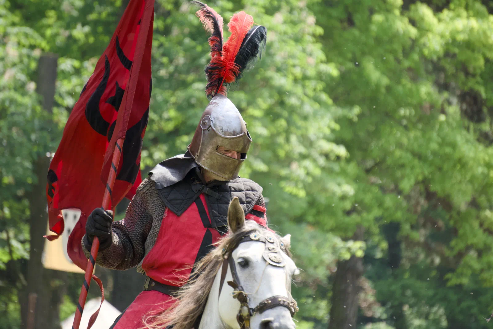 A knight on a white horse with a red-plumed helmet and banner