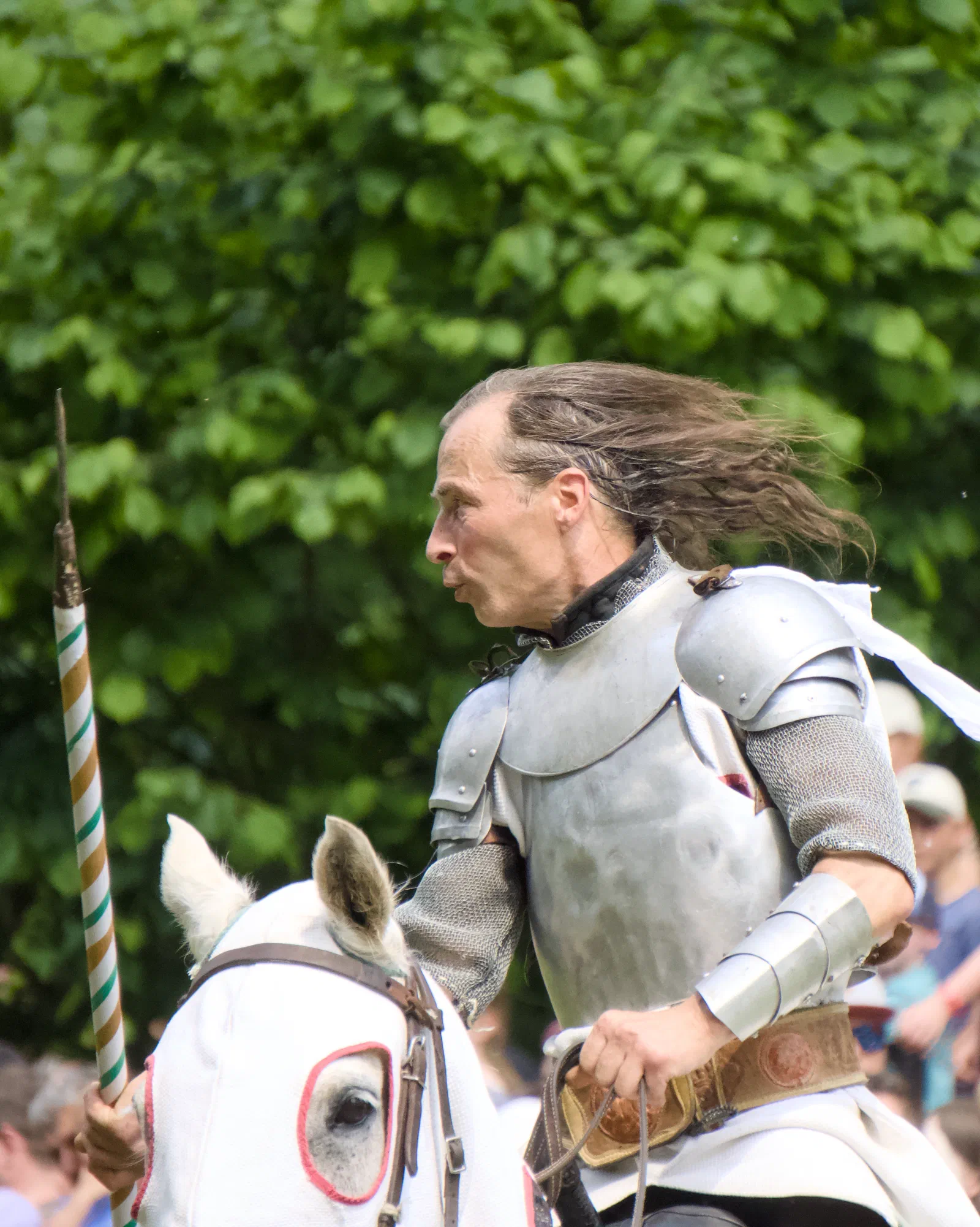 A knight in plate armour on a white horse