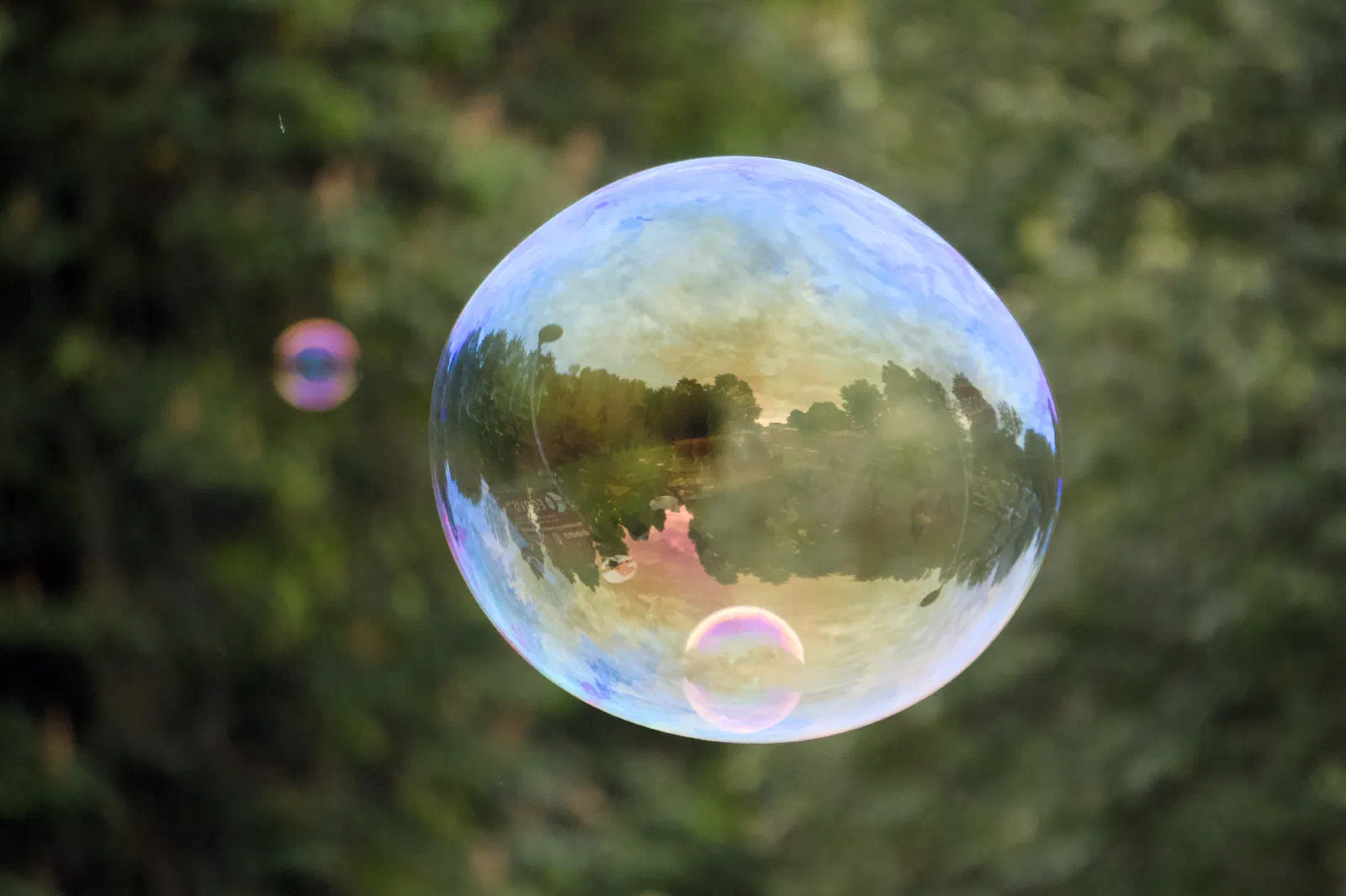 A large soap bubble drifting in the air with trees and sky reflected on its surface, green foliage behind