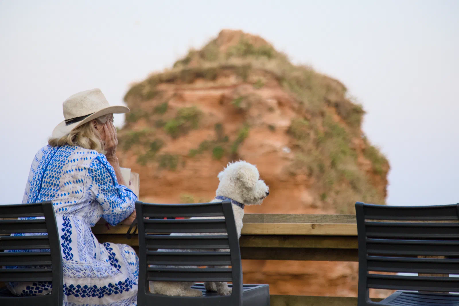 Woman with a sun hat and a white dog looking out at the red sea stack