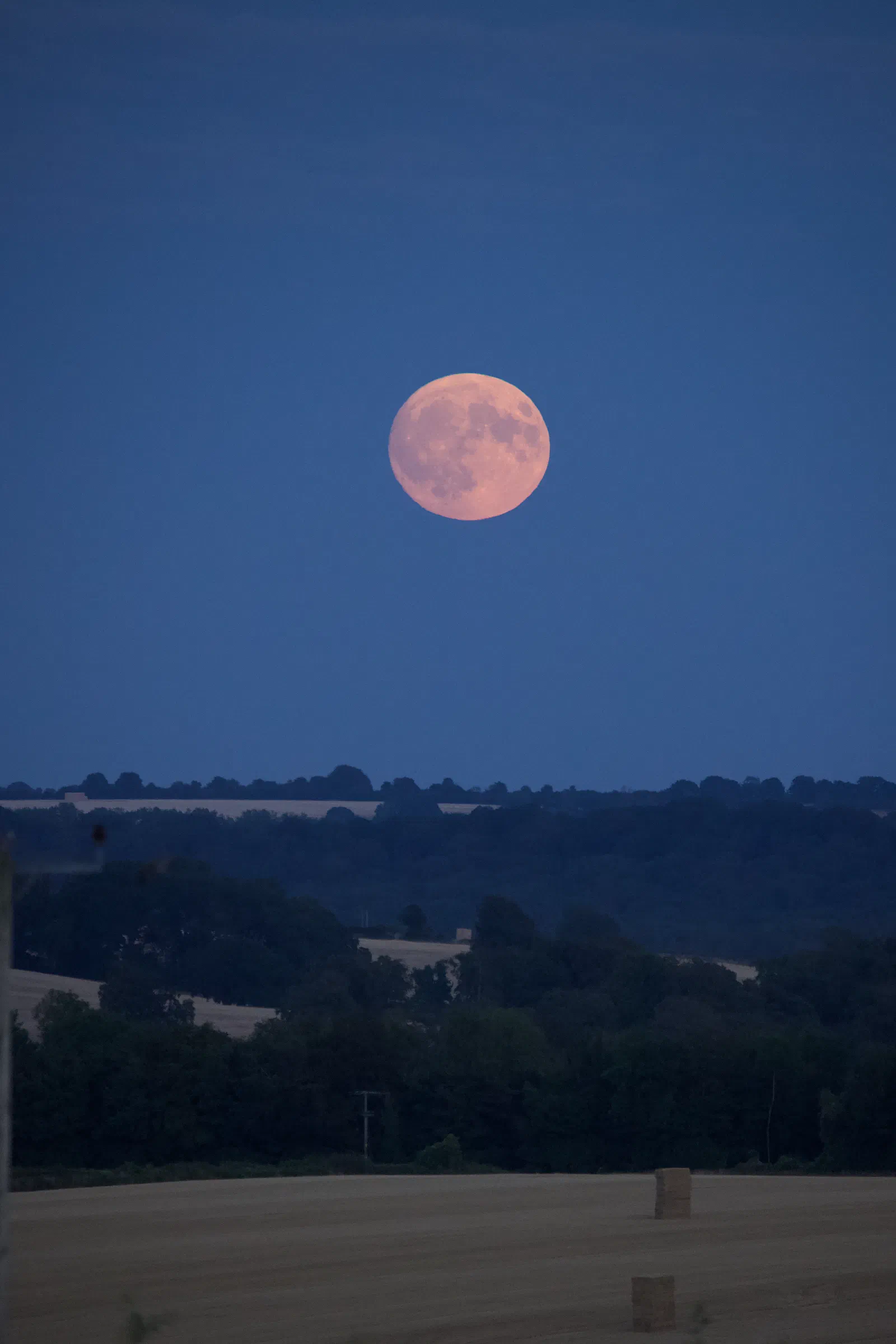 Full moon rising over fields at dusk