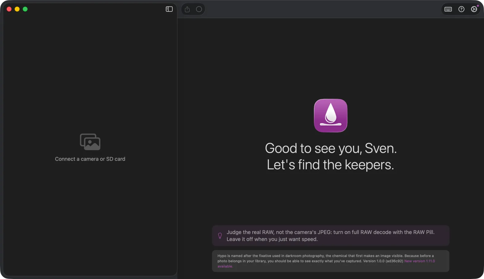 Hypo welcome screen with a rotating greeting and a tip