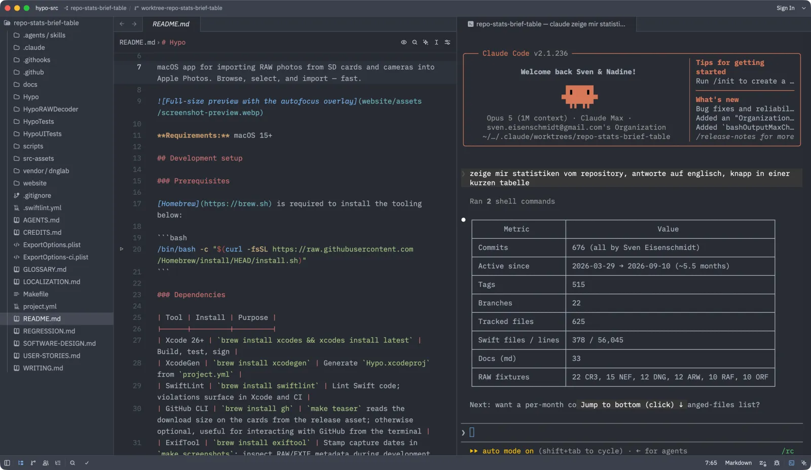 Zed with a worktree open and Claude Code running in the right panel