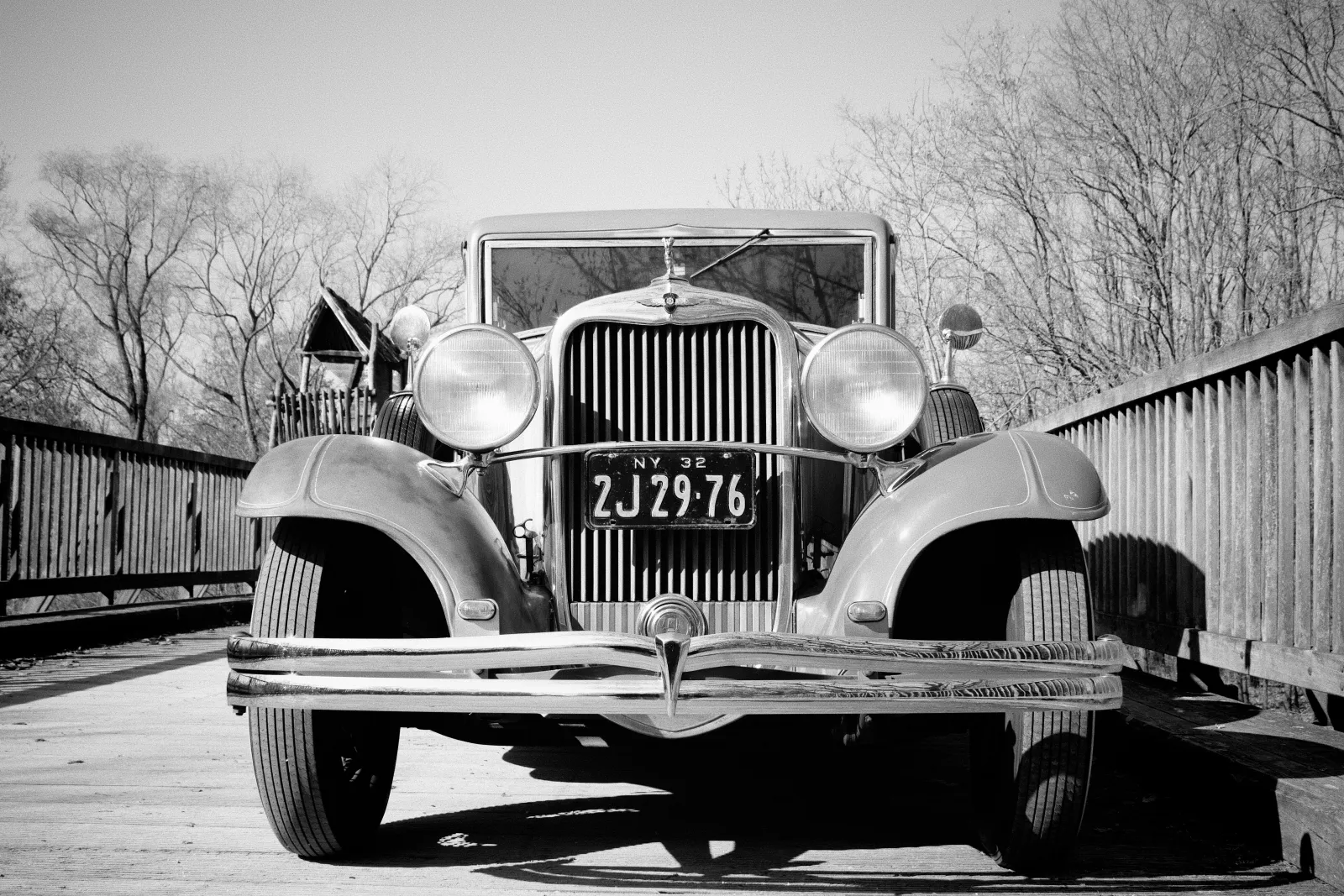 1932 Dodge Eight Series DK, direct front view on wooden bridge