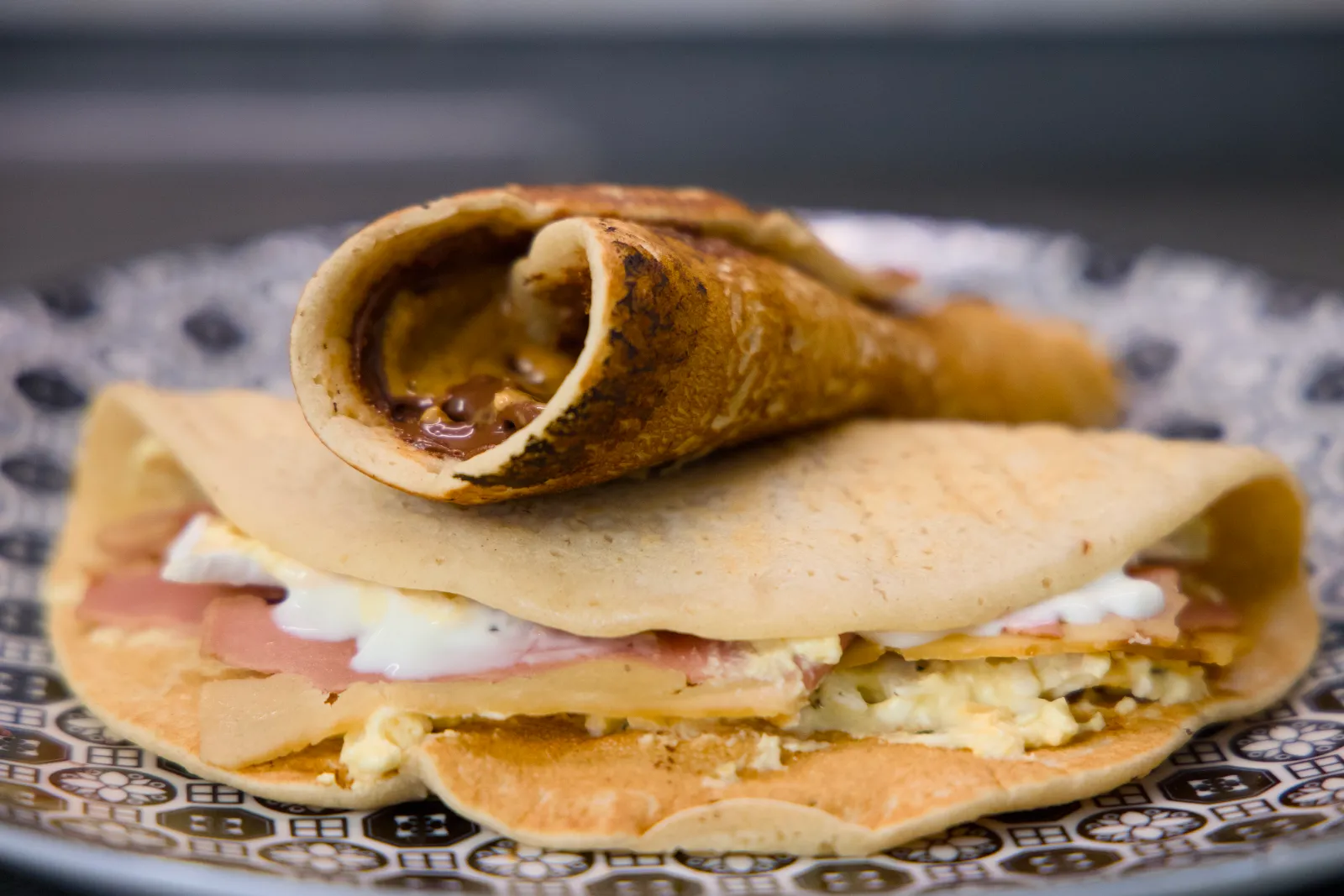 Savory and sweet pancakes on a plate