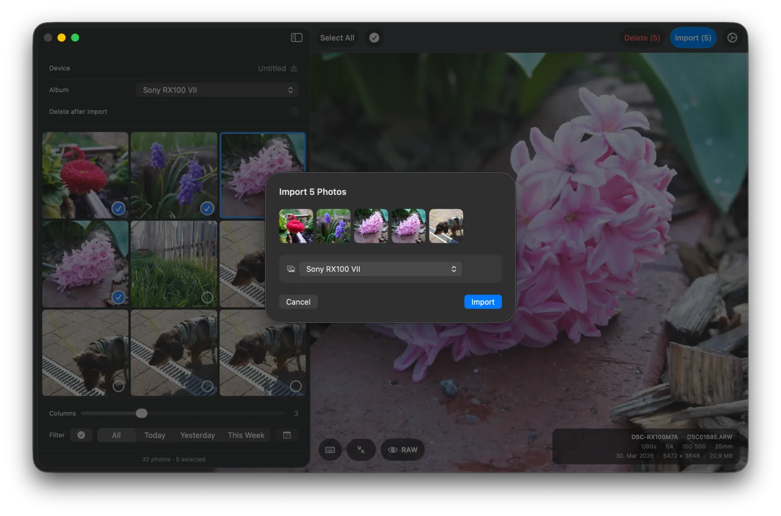 Hypo import dialog showing a thumbnail strip of selected photos