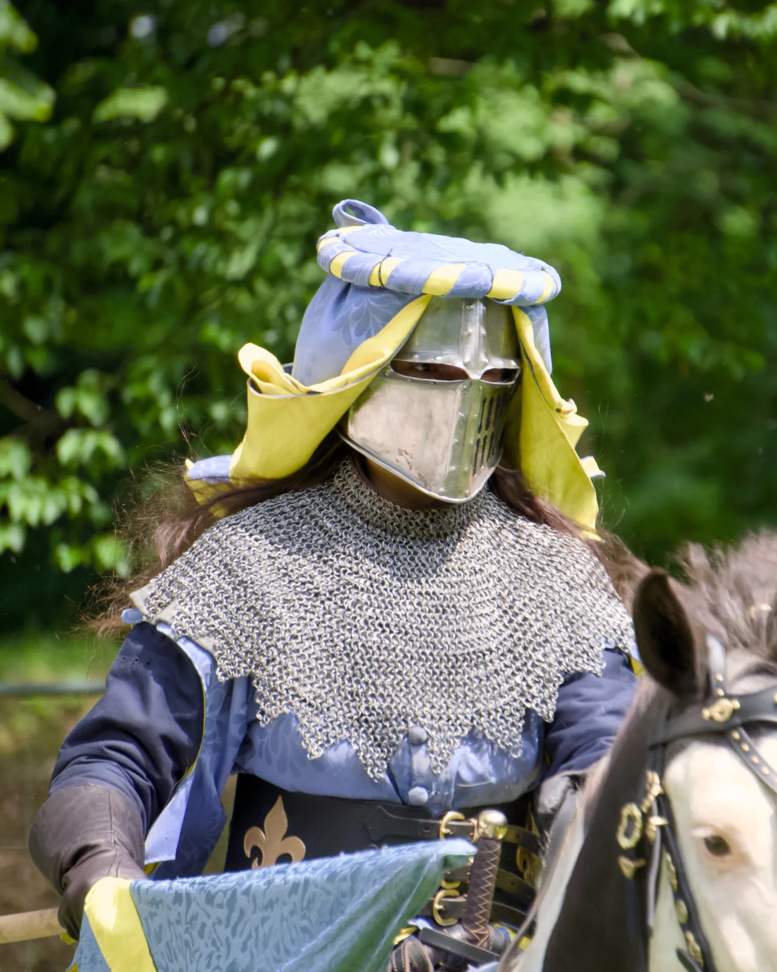 A mounted knight in a visored helmet and chainmail