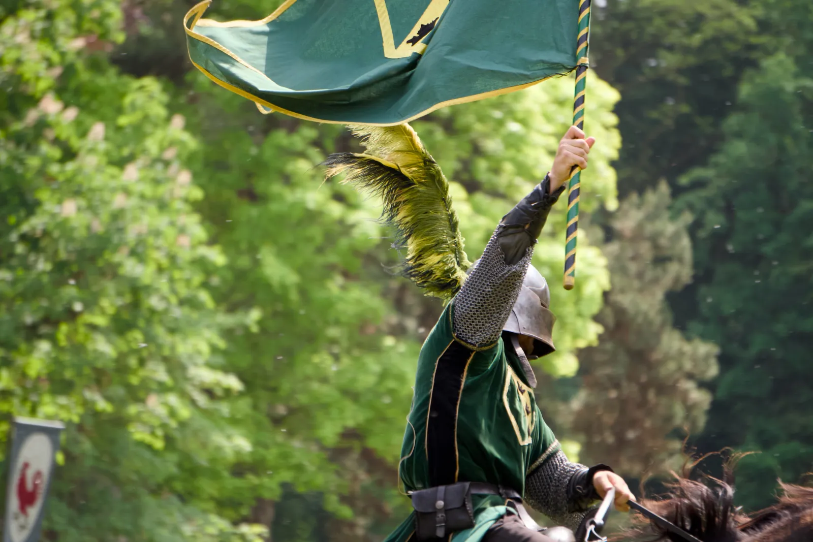 A mounted knight raising a green and yellow banner