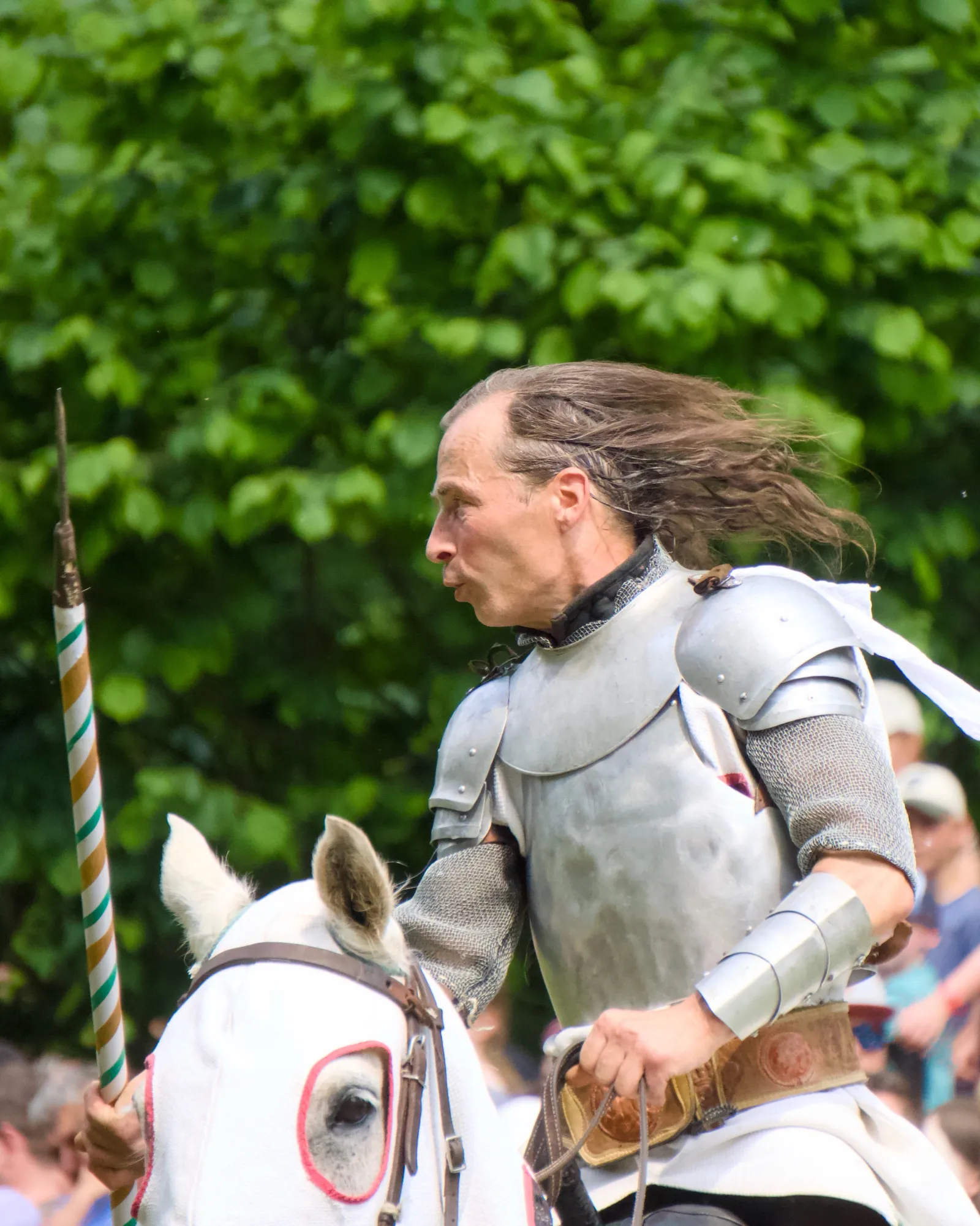 A knight in plate armour on a white horse