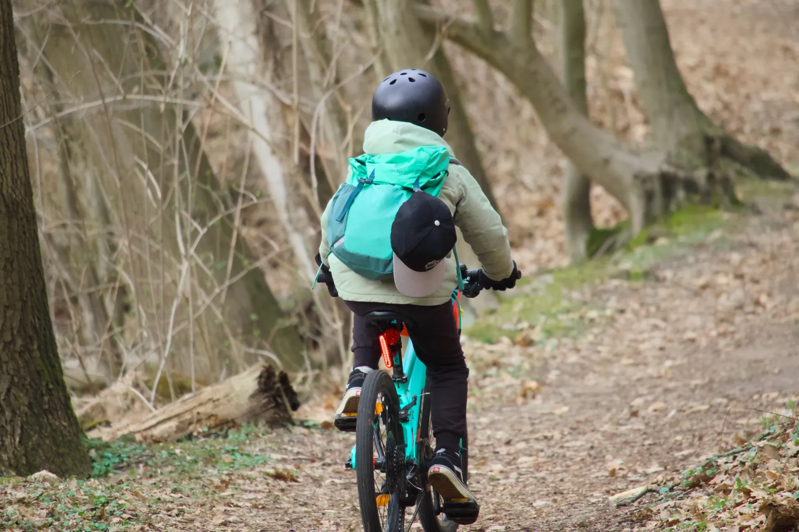 Child riding a bike on a forest path from behind