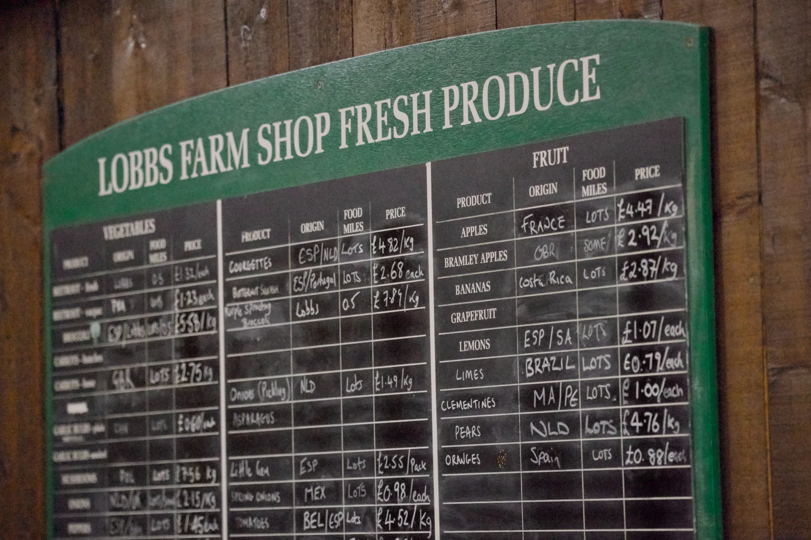 Chalkboard listing fresh produce prices at Lobbs Farm Shop