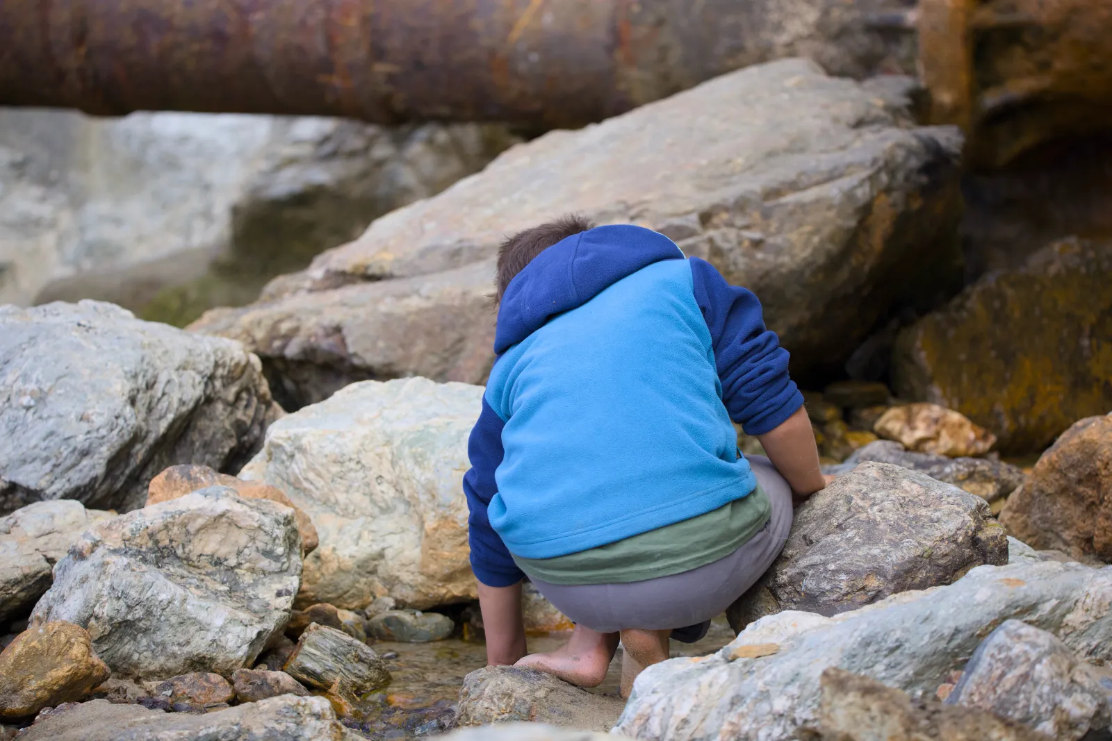 Tilian searching for coins between the rocks