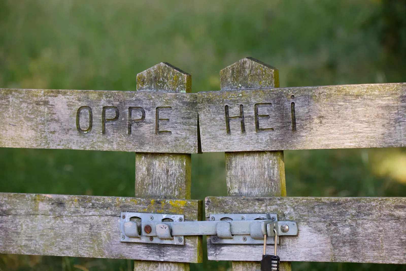 Weathered wooden gate with Oppe Hei carved into it