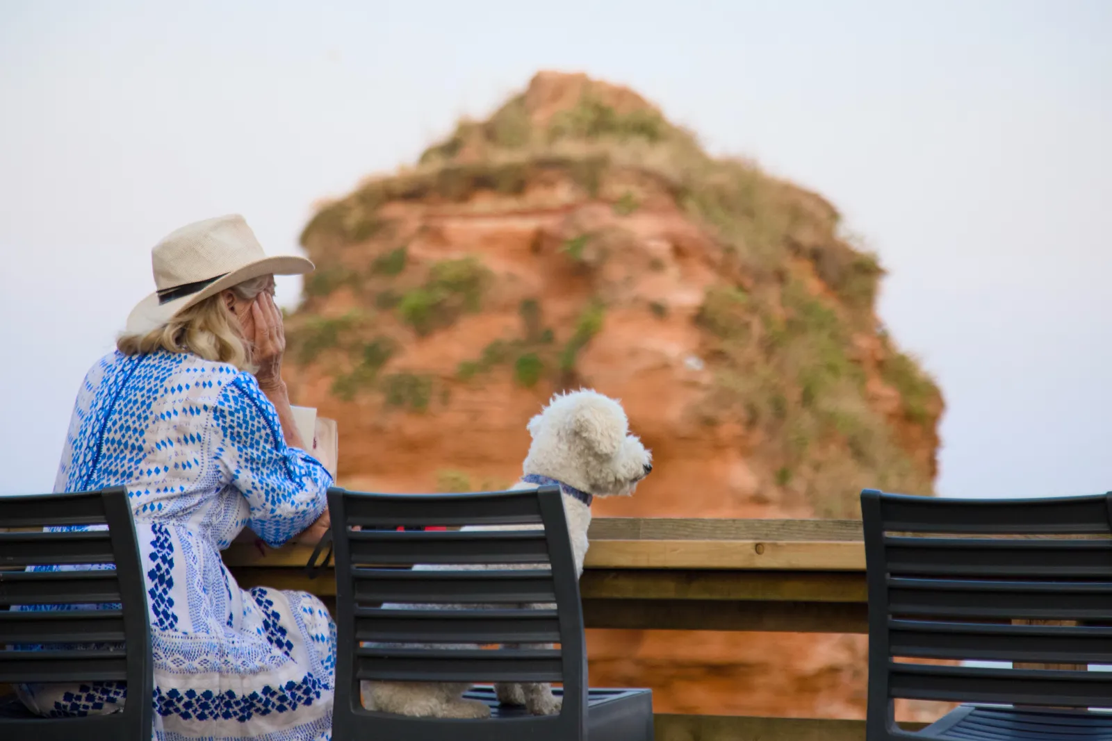 Woman with a sun hat and a white dog looking out at the red sea stack