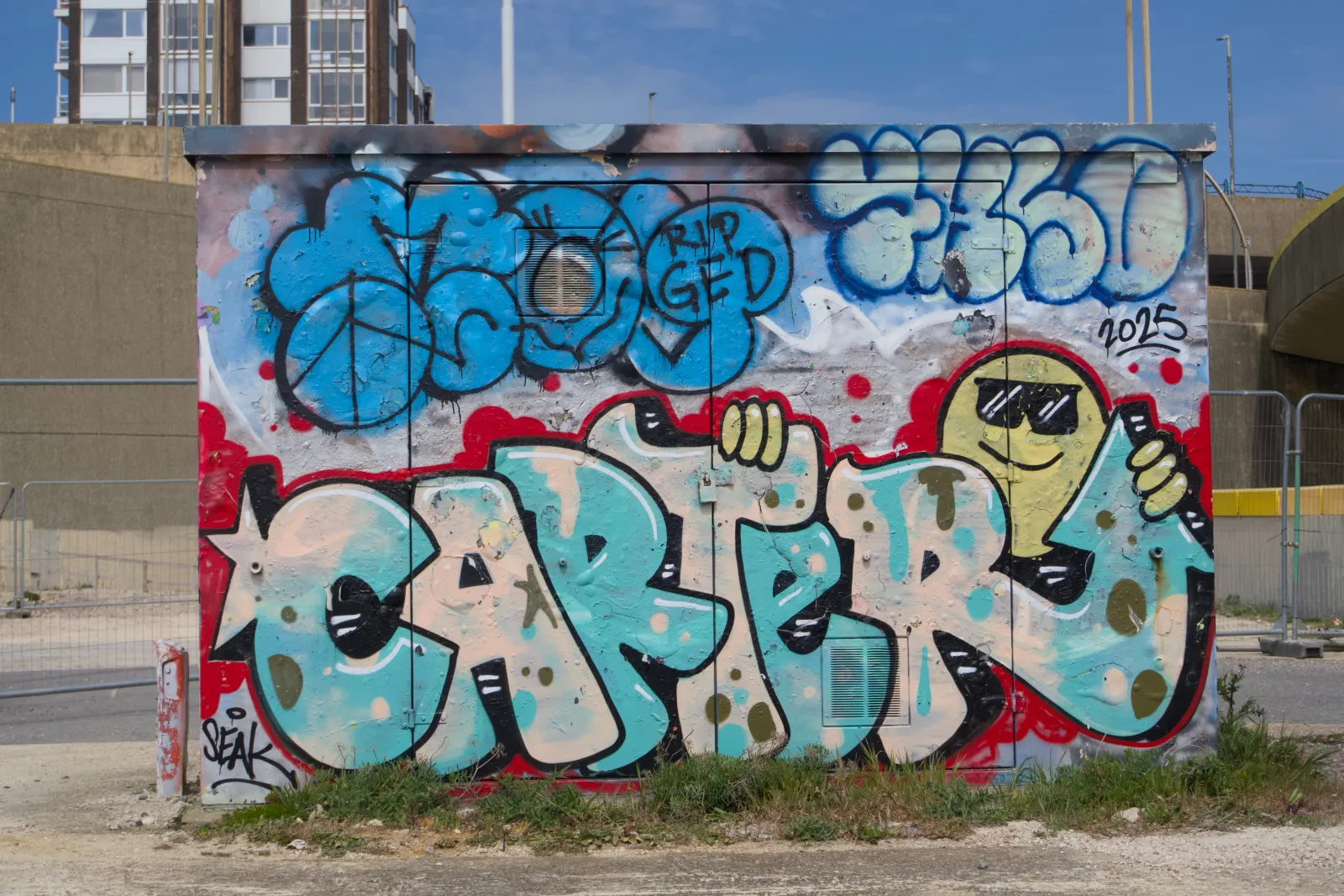 Large colourful graffiti piece on a concrete utility building reading 'CARTERS' in blue bubble letters with a smiling cartoon character on the right and 'GED RIP 2025' tags above