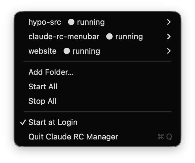 The menu bar dropdown listing three project folders with running servers