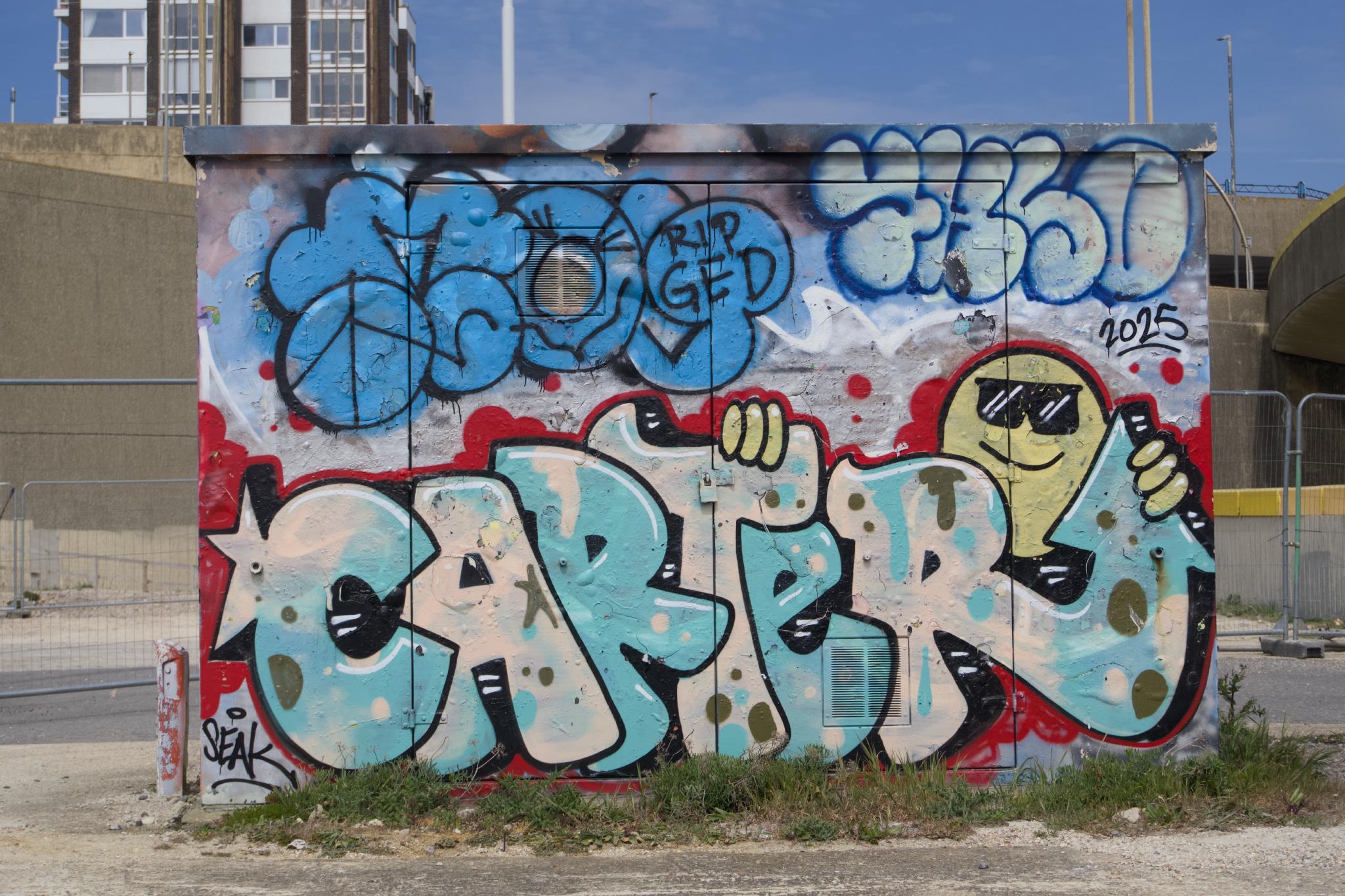 Large colourful graffiti piece on a concrete utility building reading 'CARTERS' in blue bubble letters with a smiling cartoon character on the right and 'GED RIP 2025' tags above