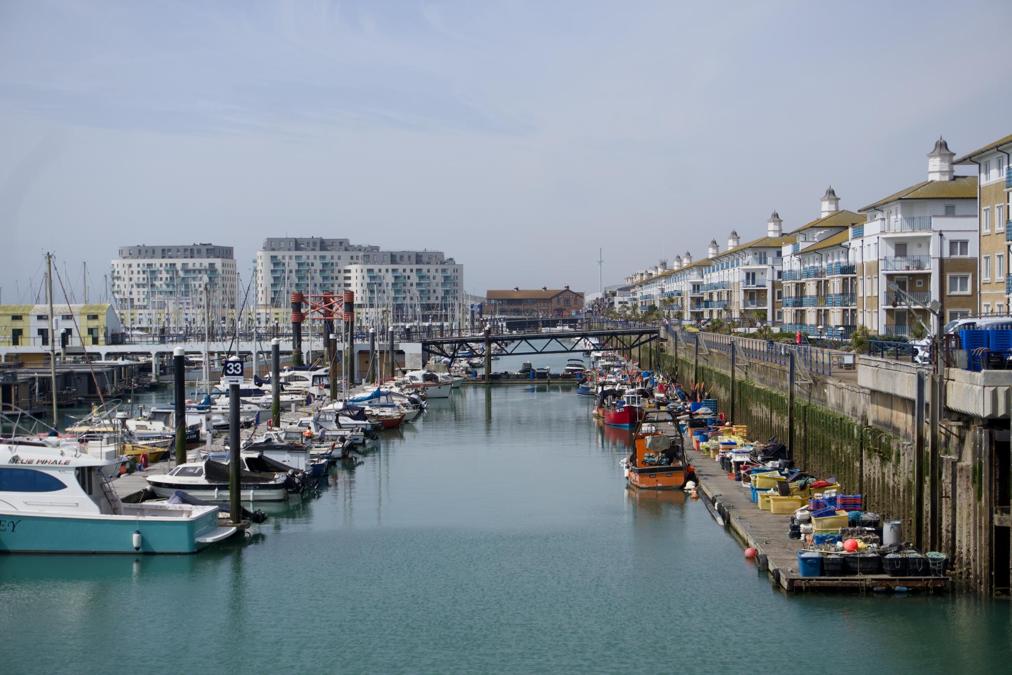 View along Brighton Marina with rows of yachts and small boats moored along both sides of the basin, modern white apartment blocks lining the right and a low road bridge crossing in the distance