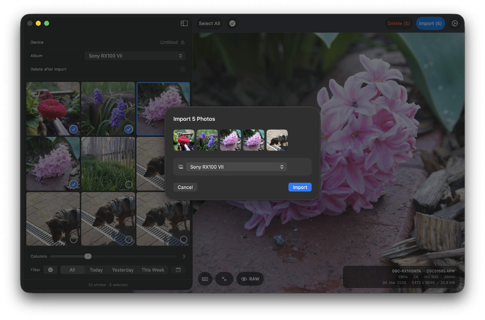 Hypo import dialog showing a thumbnail strip of selected photos
