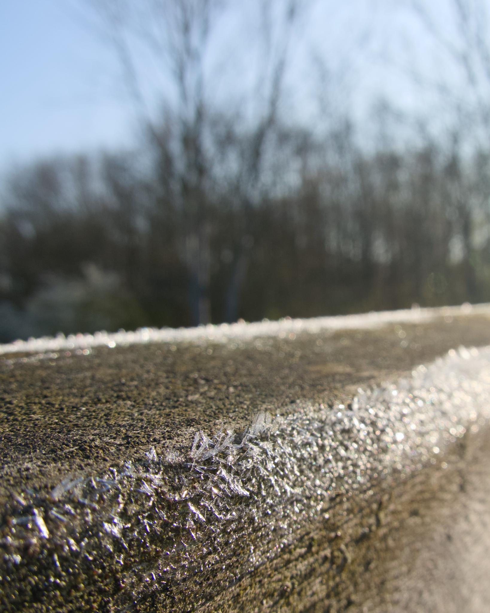 Frost crystals on a bridge railing