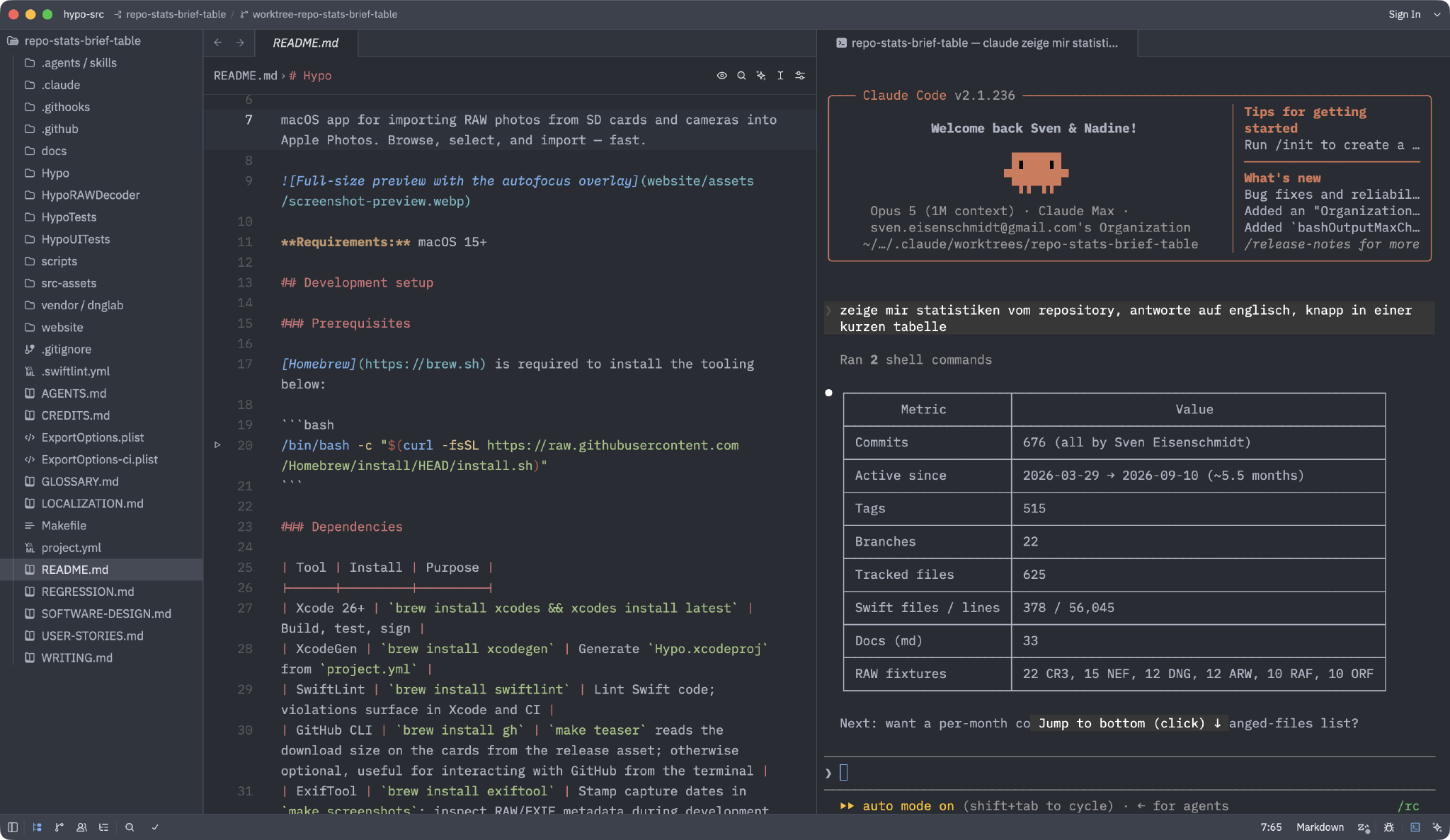 Zed with a worktree open and Claude Code running in the right panel